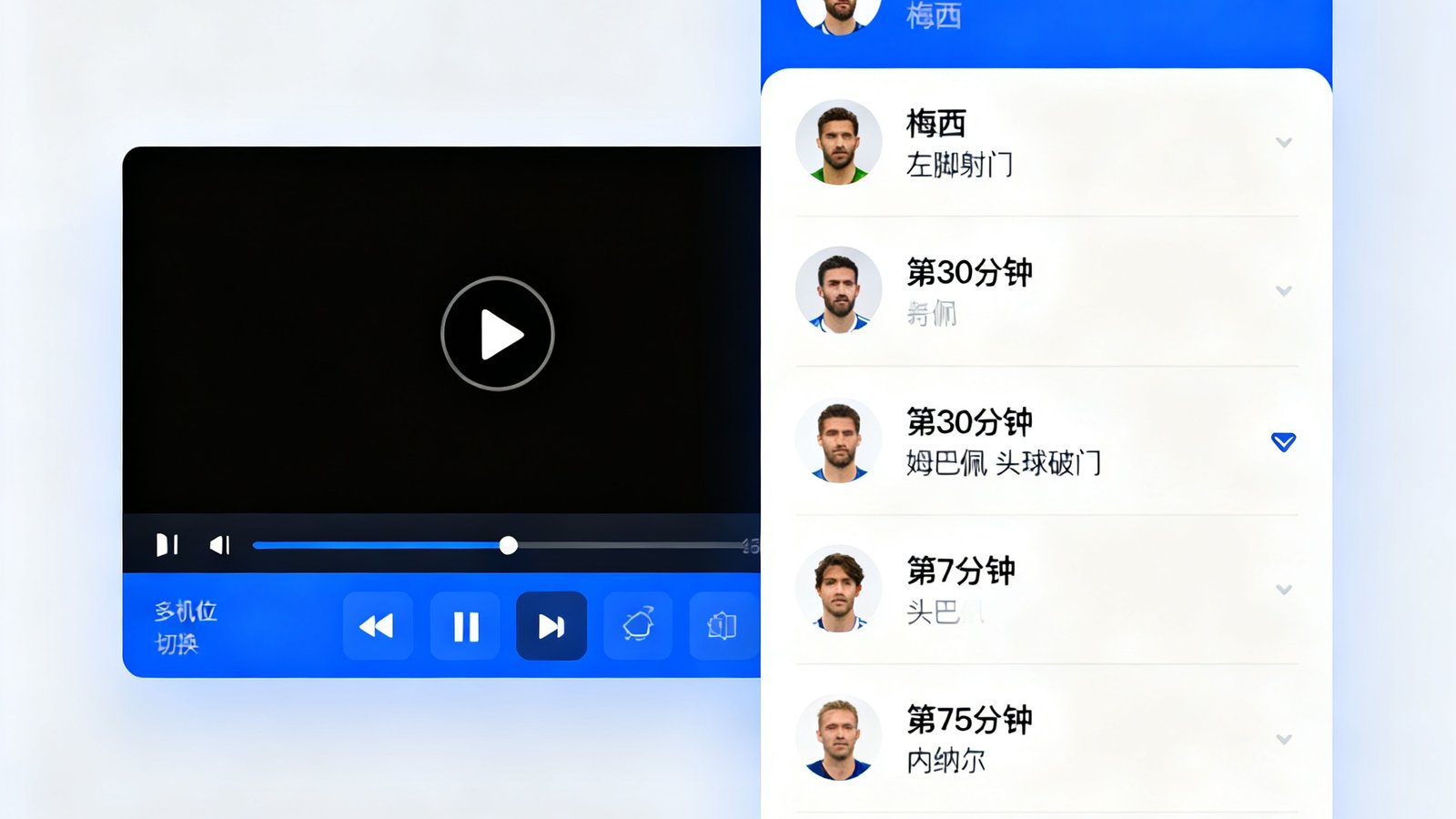 足球全场集锦界面，左侧视频播放器右侧进球列表，支持多机位切换